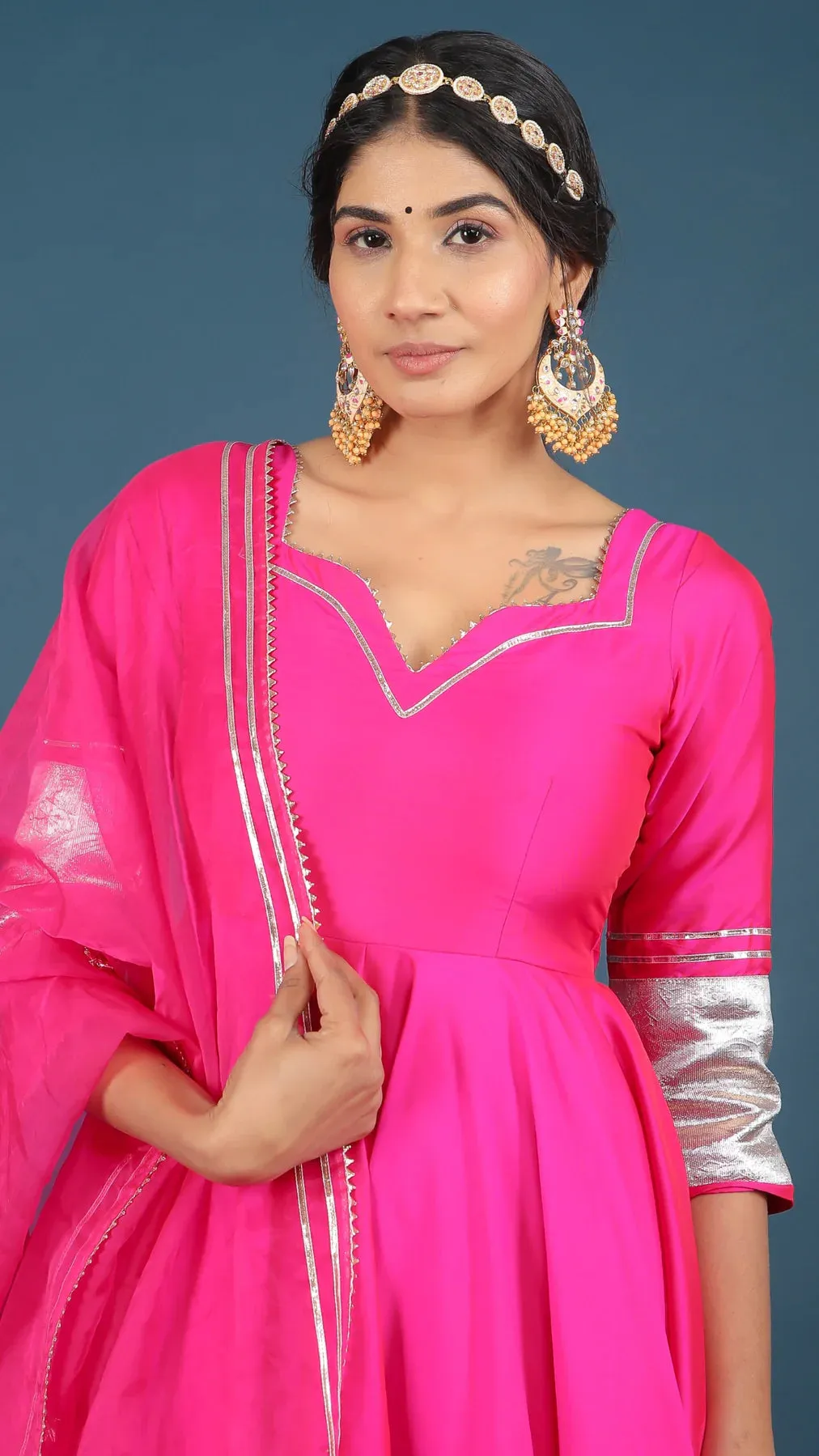 Pink Silk Lace Detailing Anarkali Suit Set with Organza Dupatta