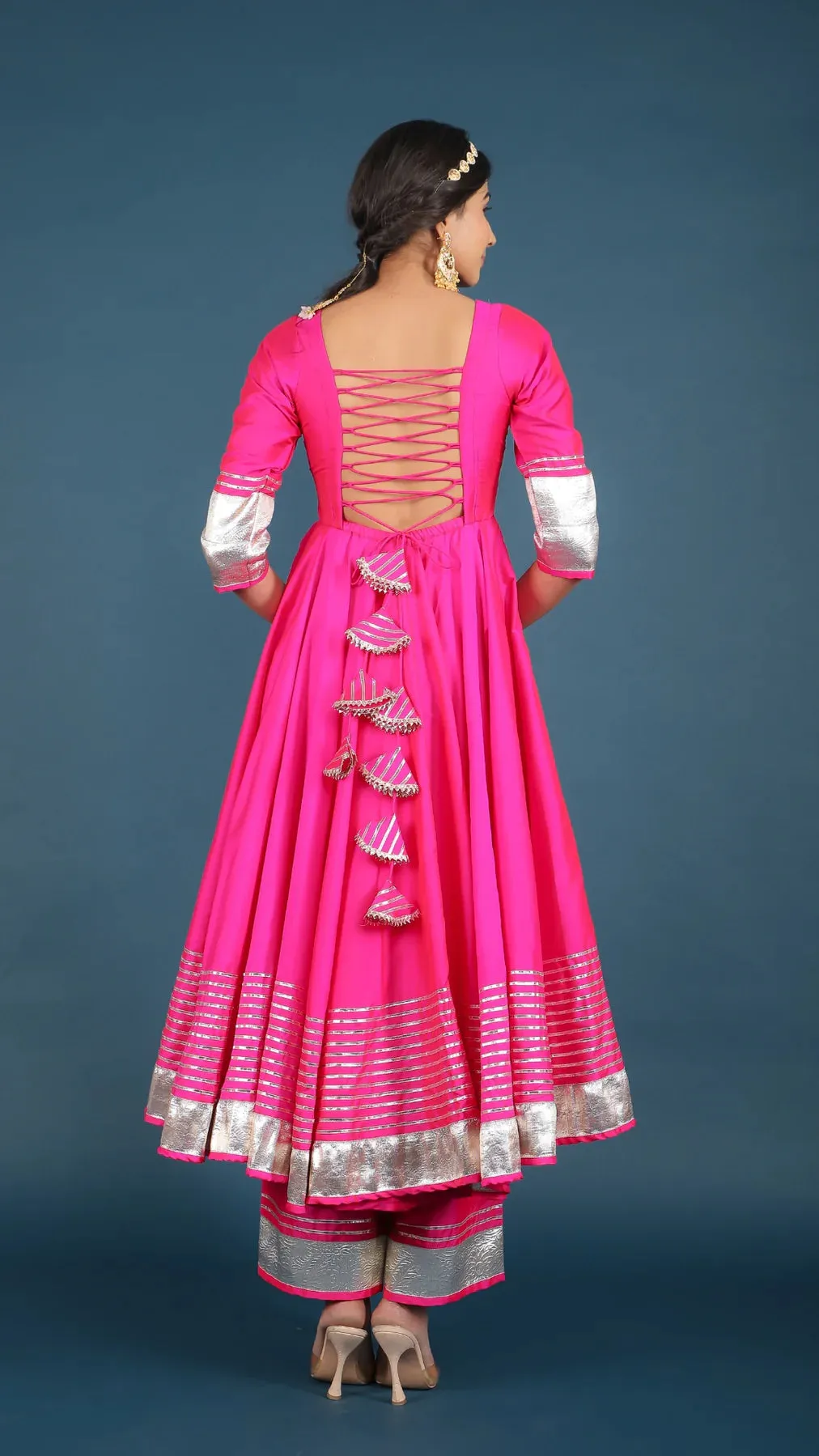 Pink Silk Lace Detailing Anarkali Suit Set with Organza Dupatta