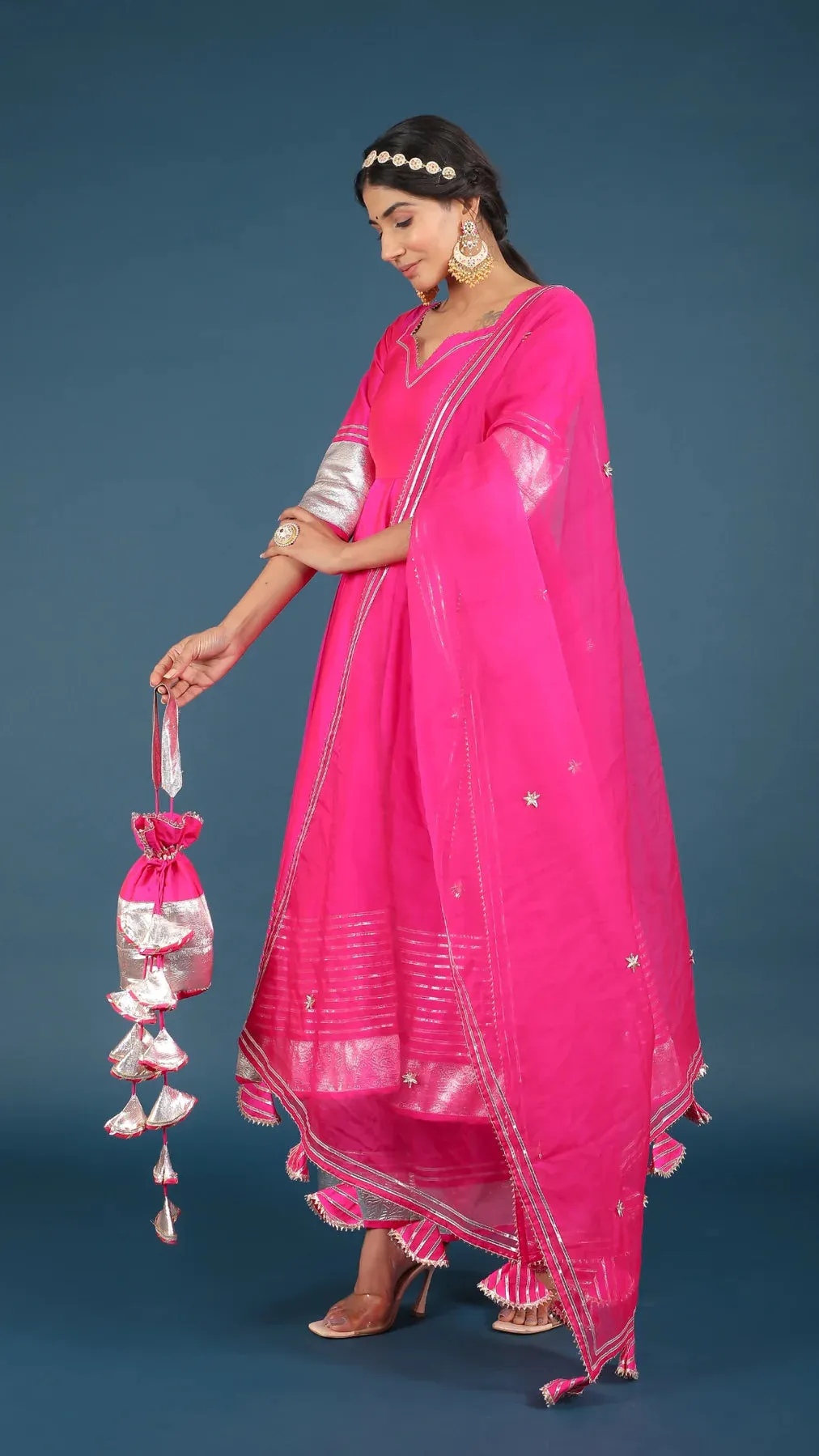 Pink Silk Lace Detailing Anarkali Suit Set with Organza Dupatta