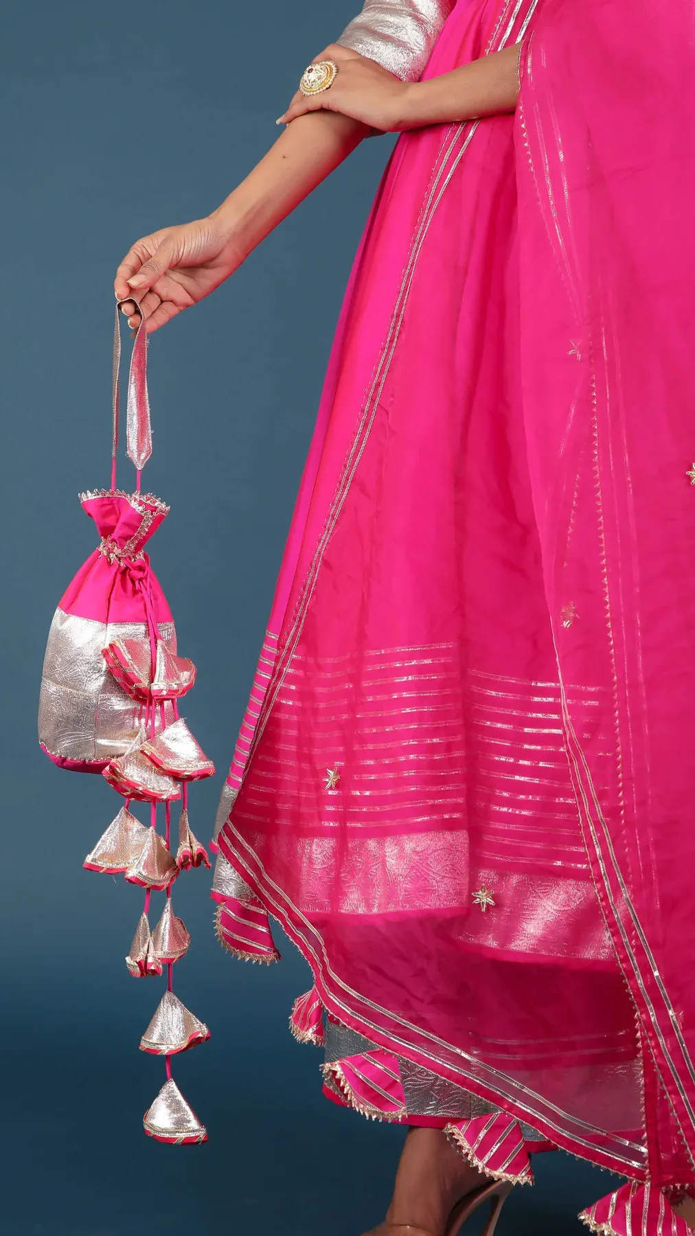 Pink Silk Lace Detailing Anarkali Suit Set with Organza Dupatta