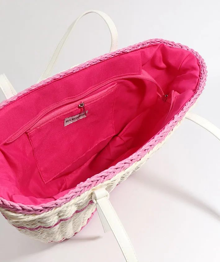 Pink Striped Straw Tote Bag with Zip Closure