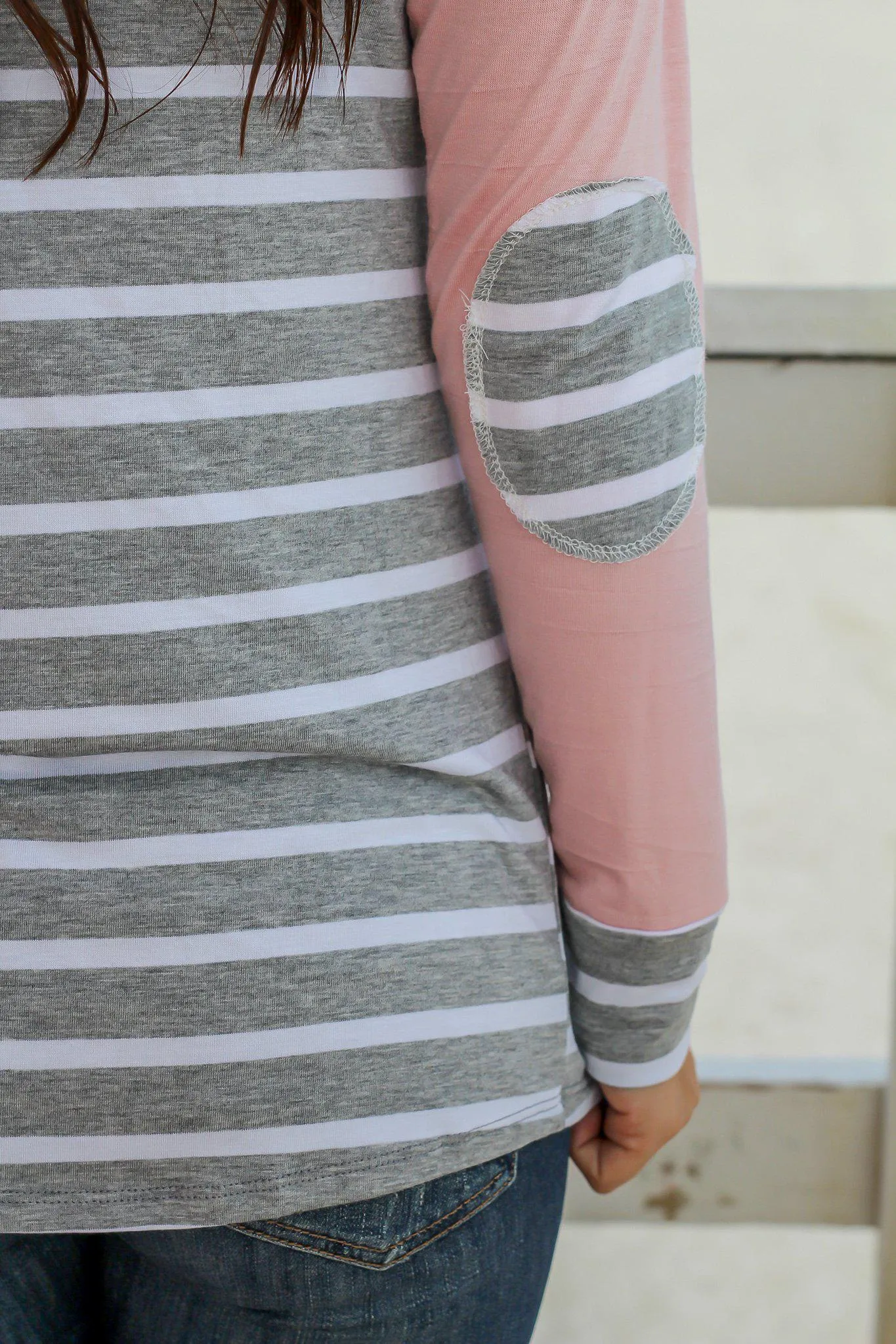 Pink Striped Top with Elbow Patches