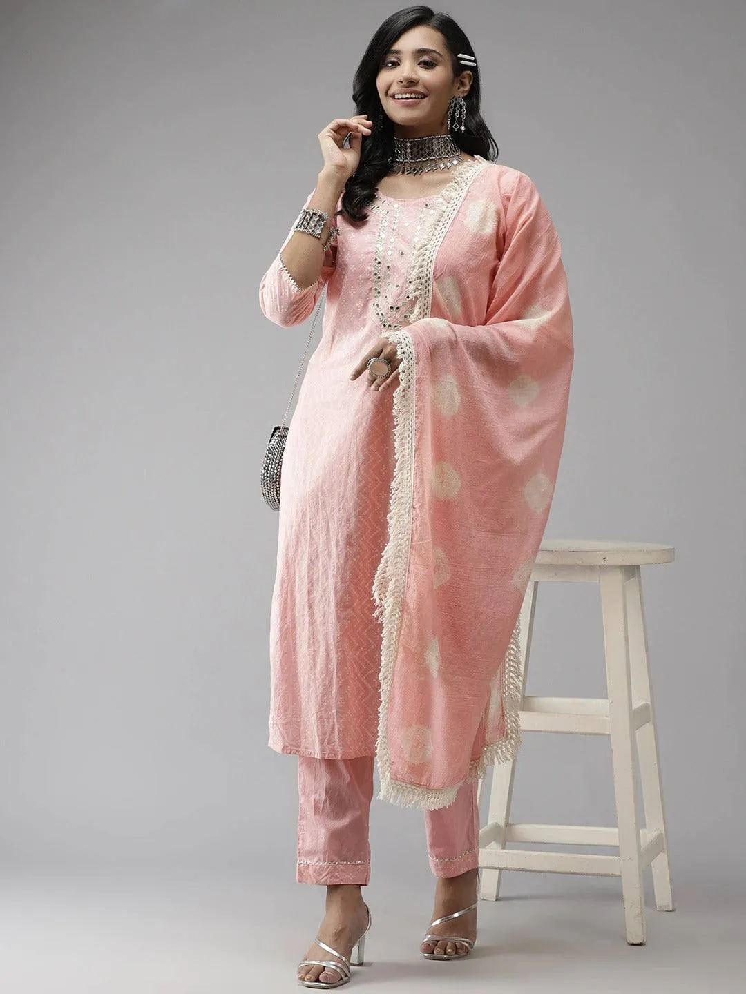 Pink Yoke Design, Gotta Patti Work Cotton Kurta with Palazzo & Dupatta