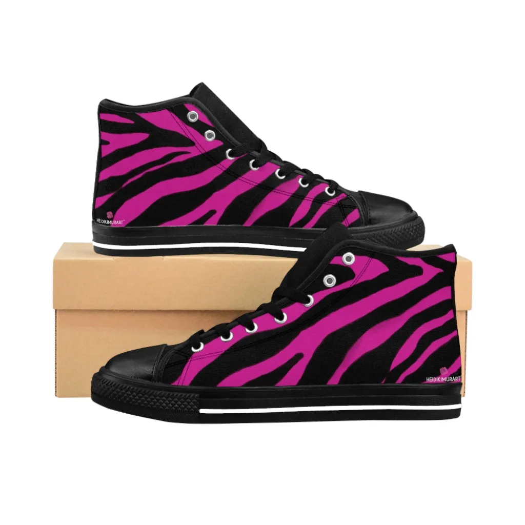 Pink Zebra Men's High Tops, Zebra Striped Animal Print Men's Classic Sneakers Running Fashion Canvas Shoes