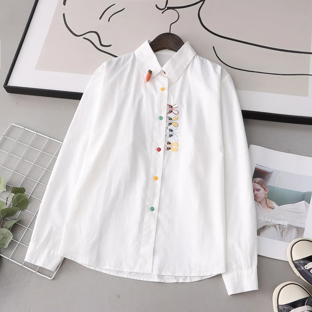 Placket Rabbit Embroidered Shirt