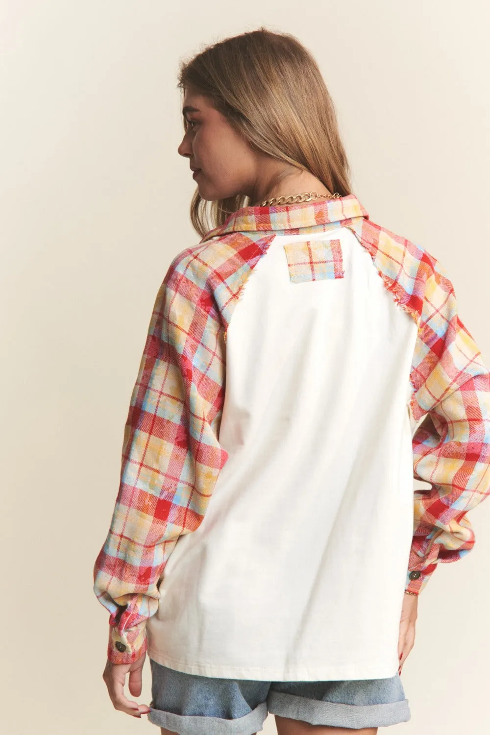 Plaid Contrast Button Down Henley Top