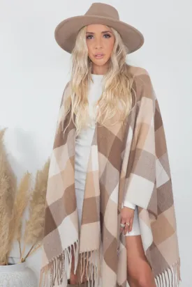 Plaid Poncho - Beige