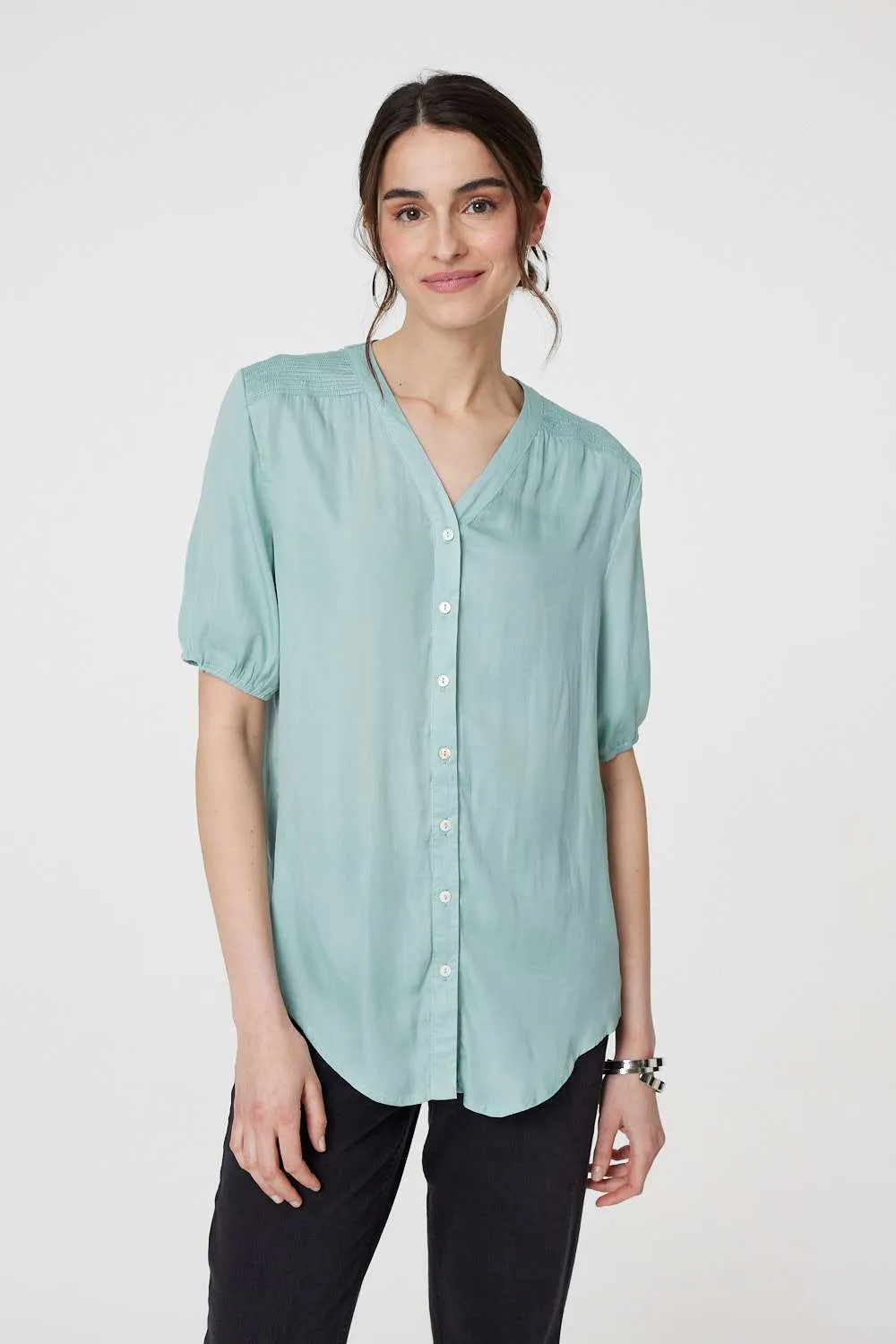 Plain V-Neck Puff 1/2 Sleeve Shirt