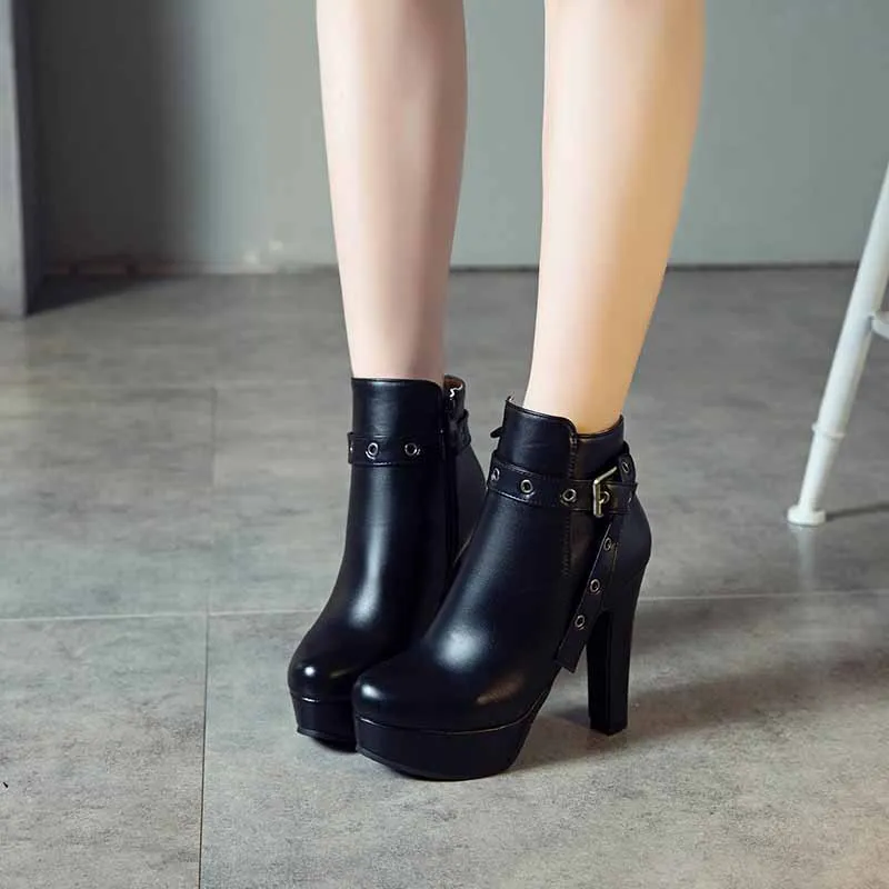 Platform Chunky Heel Ankle Boots Round Toe High Heel Booties