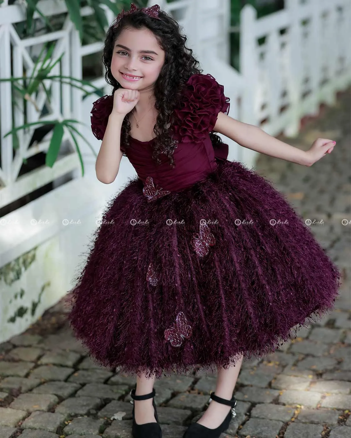 Plum Color Feather Trimmed Short Dress Highlighted With Handcrafted Butterflies.