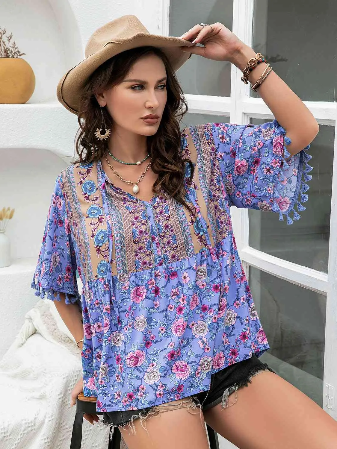 Plus Size Boho Tassel Sleeve Summer Top