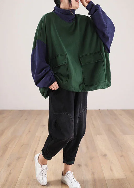 Plus Size Green Turtle Neck Patchwork Cotton Sweatshirts Tracksuits Winter