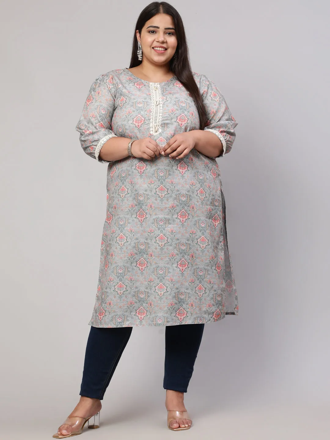 Plus Size Grey Mirror Work Printed Straight Kurta