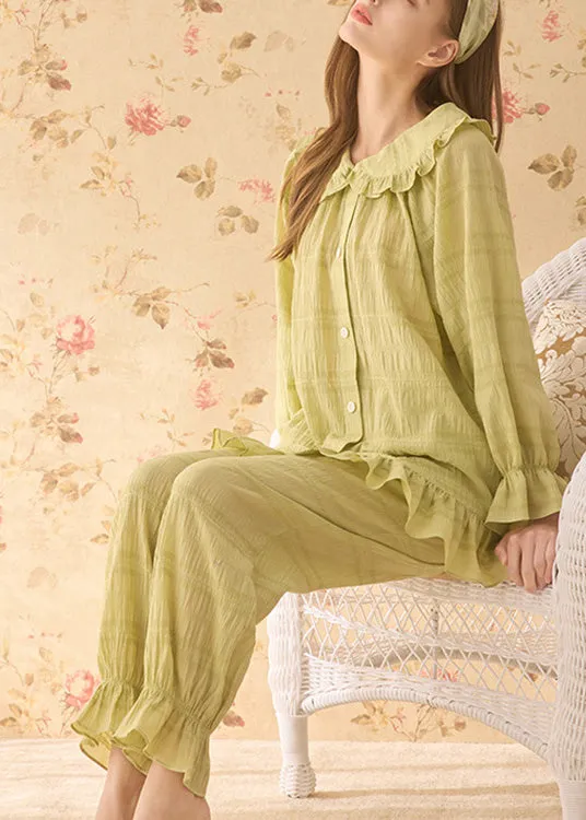 Plus Size Orange Peter Pan Collar Ruffled Cotton Button Pajamas Two Pieces Set Long Sleeve