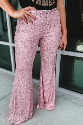 Plus Size Pink Shiny Sequin Flowy Flare Pants