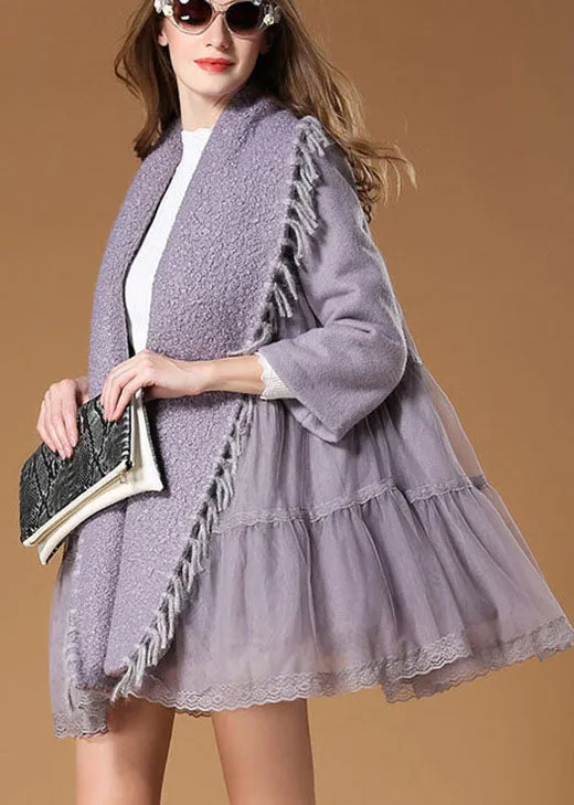 Plus Size Purple PeterPan Collar Patchwork Lace Casual Fall Woolen Coat