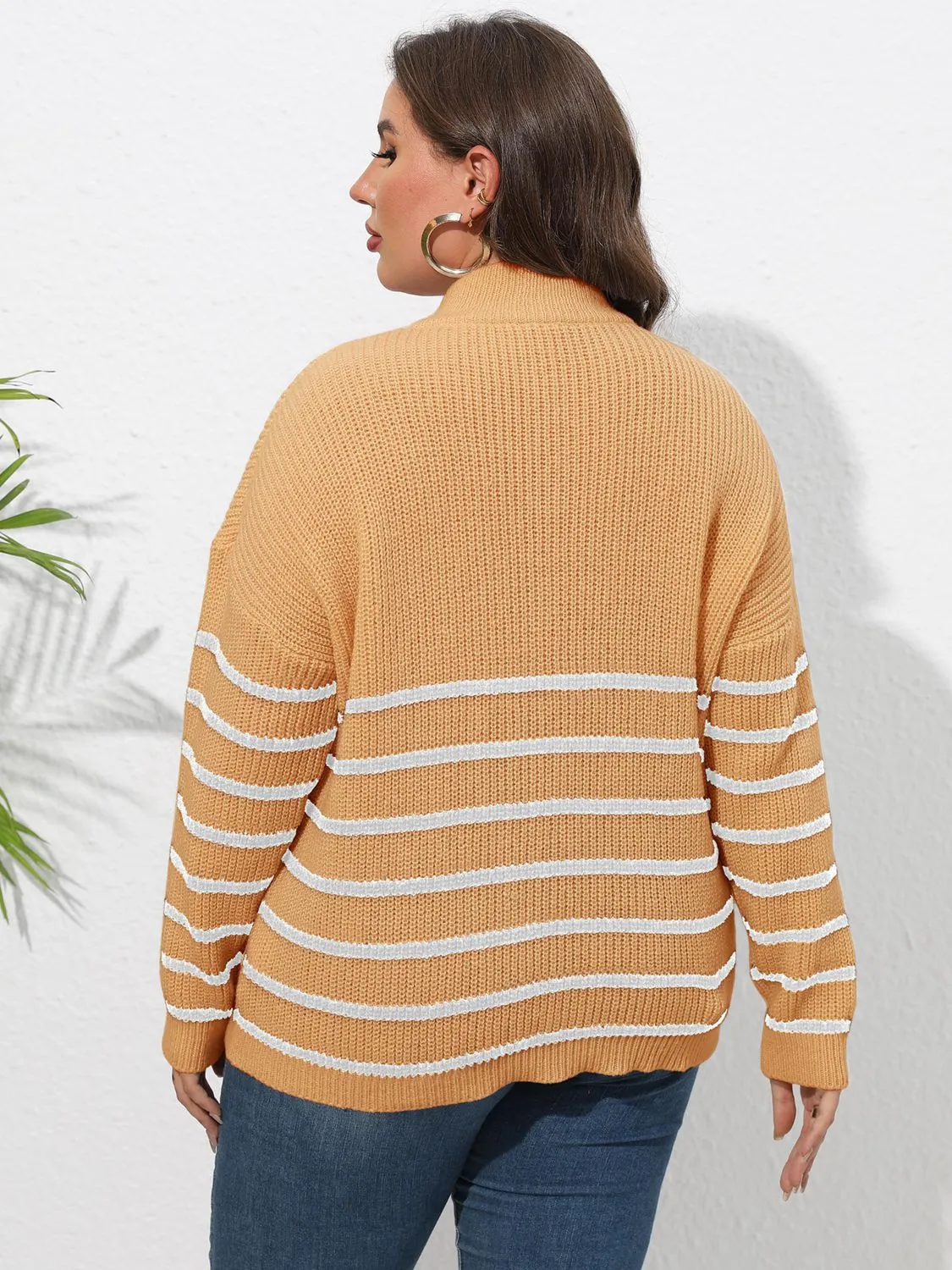 Plus Size Zip-Up Striped Sweater