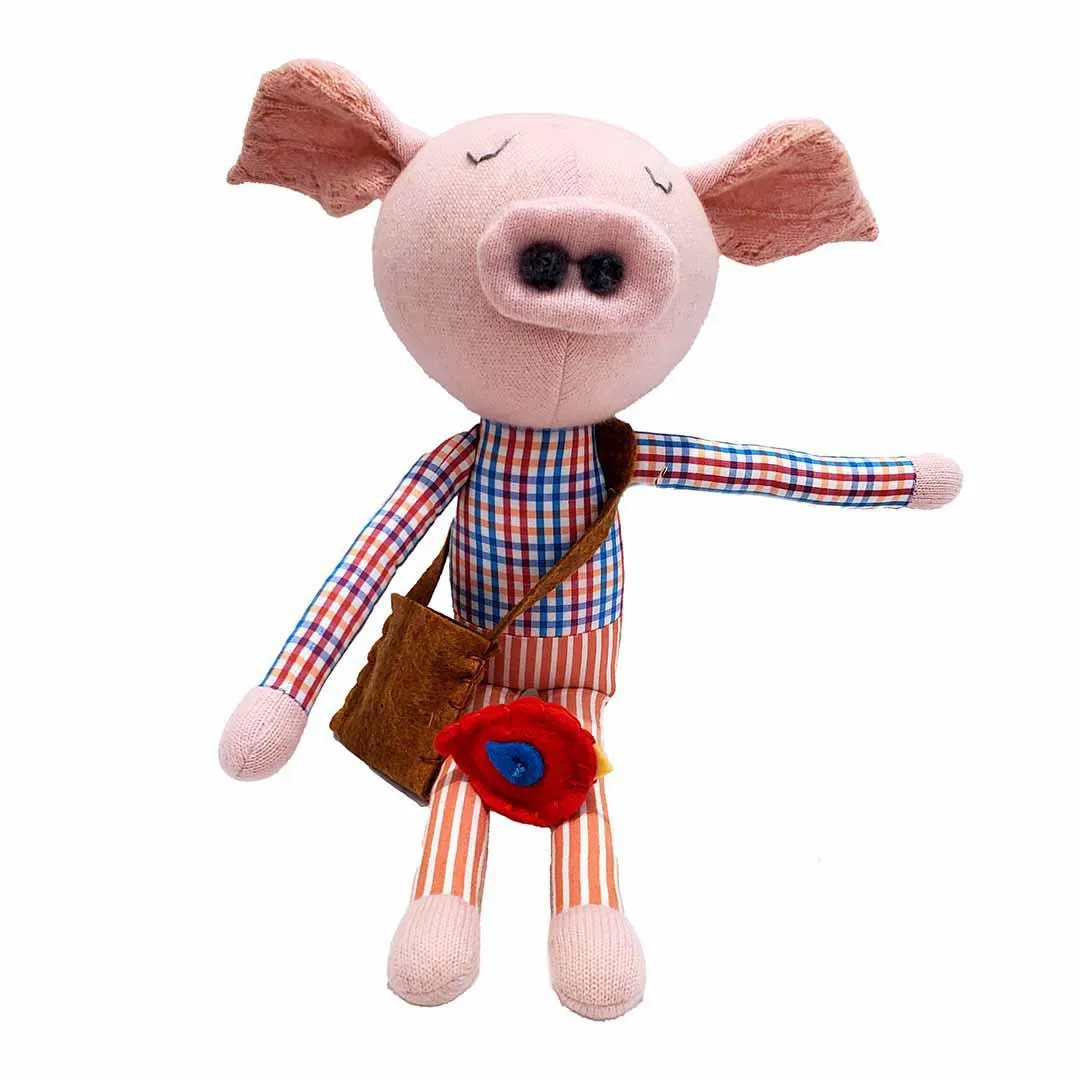 Plush - Pig in Blue Orange Red Plaid Shirt by Fly Little Bird