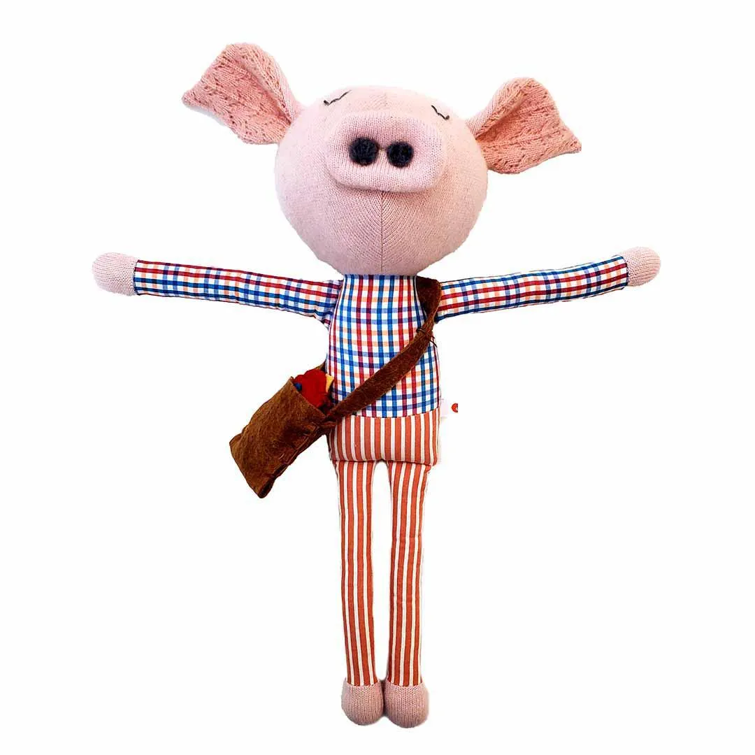 Plush - Pig in Blue Orange Red Plaid Shirt by Fly Little Bird