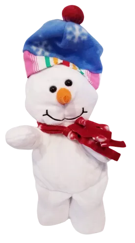 Plush snowman with blue hat/red scarf with snowflakes 12"