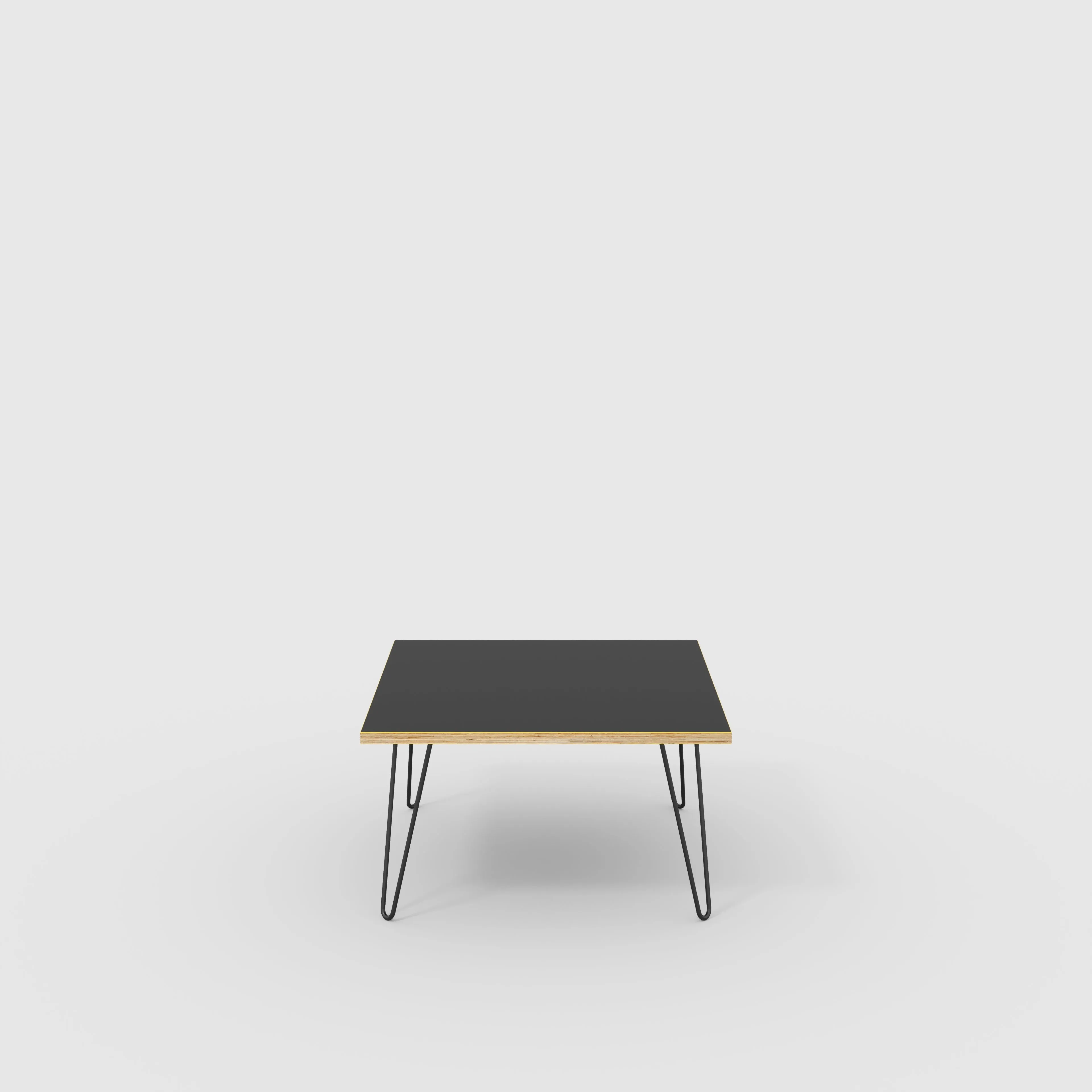 Plywood Coffee Table with Black Hairpin Legs - Formica Diamond Black - 800(w) x 800(d) x 425(h)