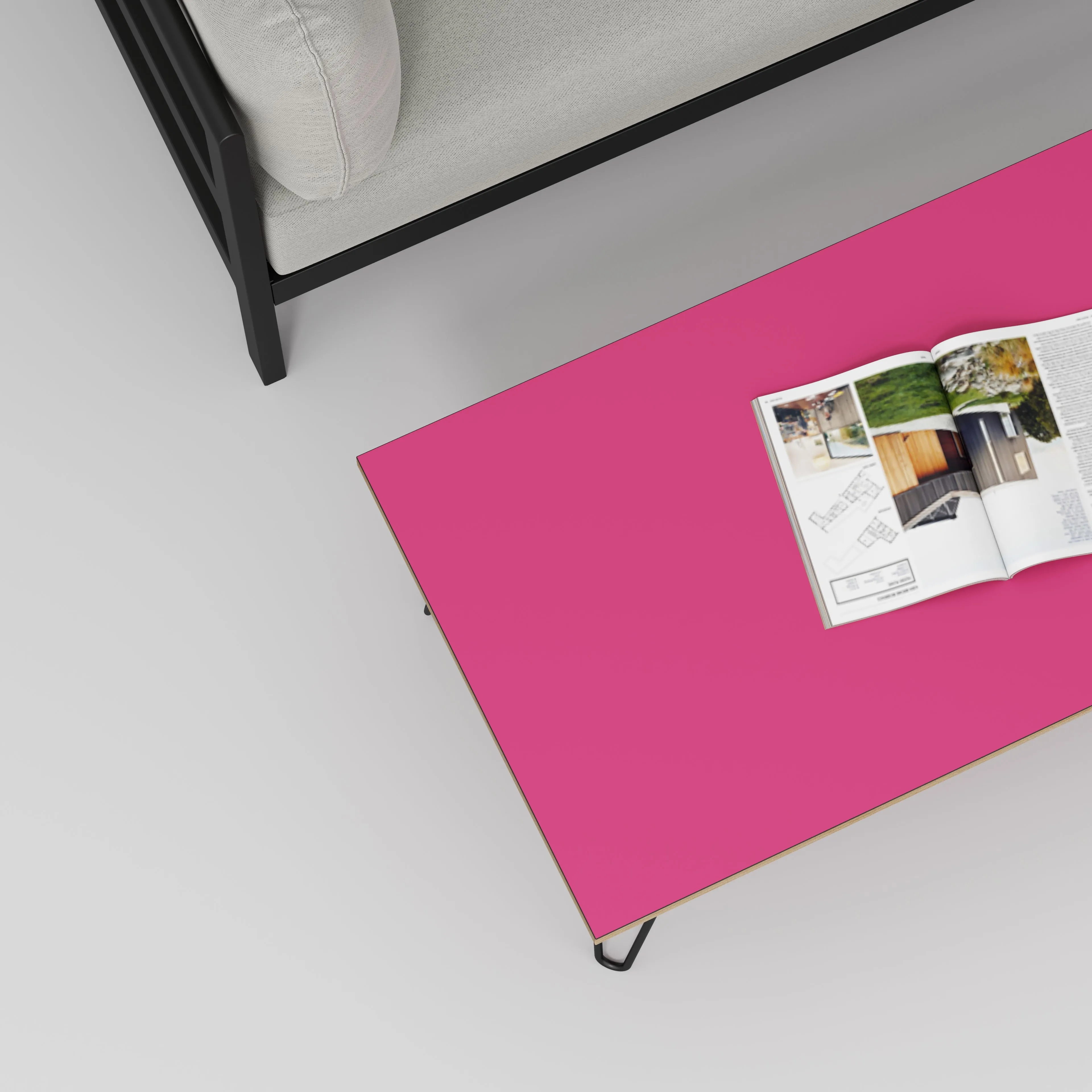 Plywood Coffee Table with Black Hairpin Legs - Formica Juicy Pink - 1200(w) x 600(d) x 425(h)