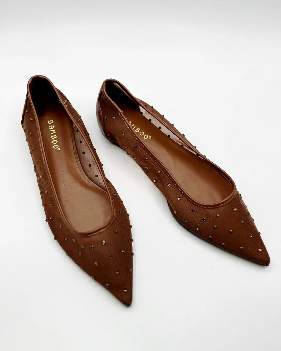 POINTED TOE RHINESTONE MESH FLATS IN BROWN