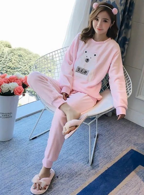 POLAR BEAR PINK VELVET LONG SLEEVE PAJAMAS SET