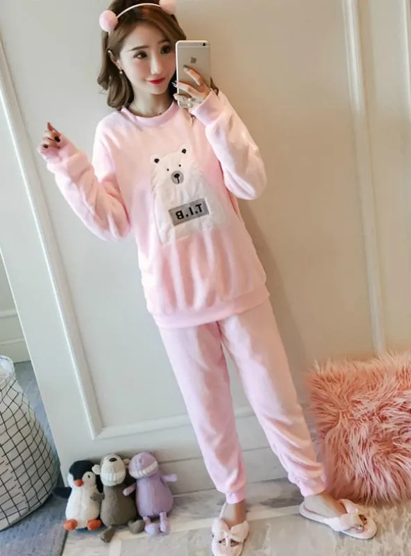 POLAR BEAR PINK VELVET LONG SLEEVE PAJAMAS SET