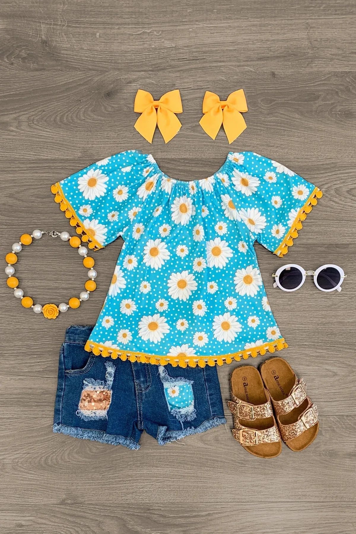 Polka Dot Daisy Denim Short Set