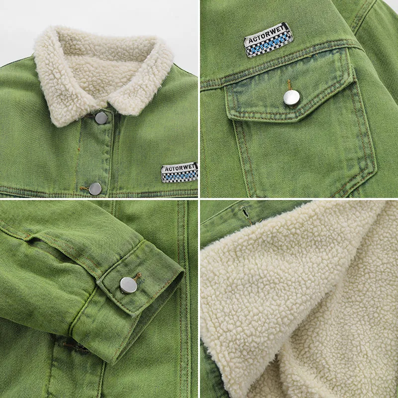 PopFlying Bright Green Denim Jacket Sherpa Lining