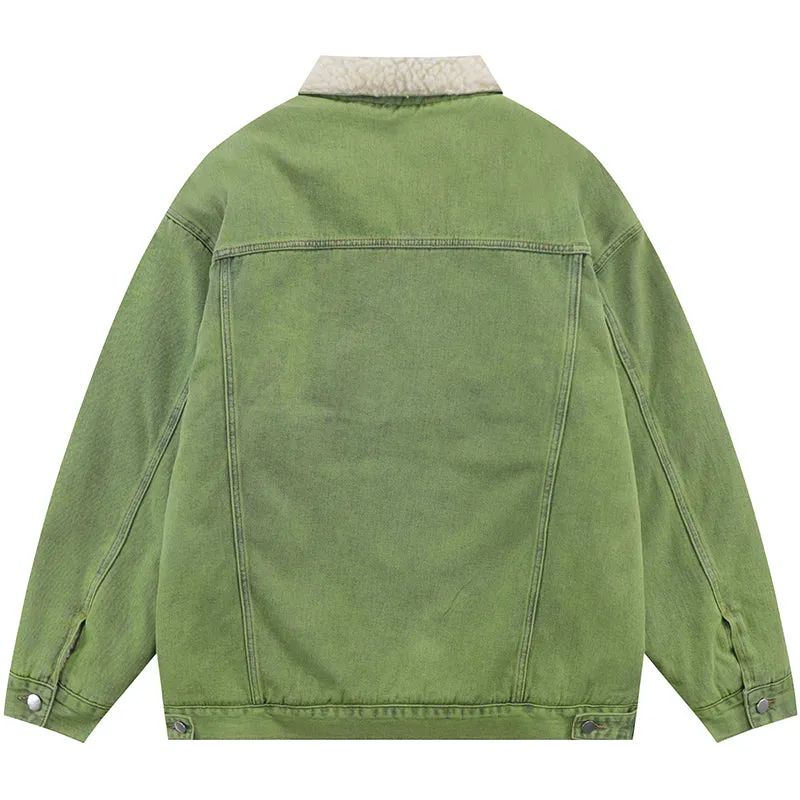 PopFlying Bright Green Denim Jacket Sherpa Lining