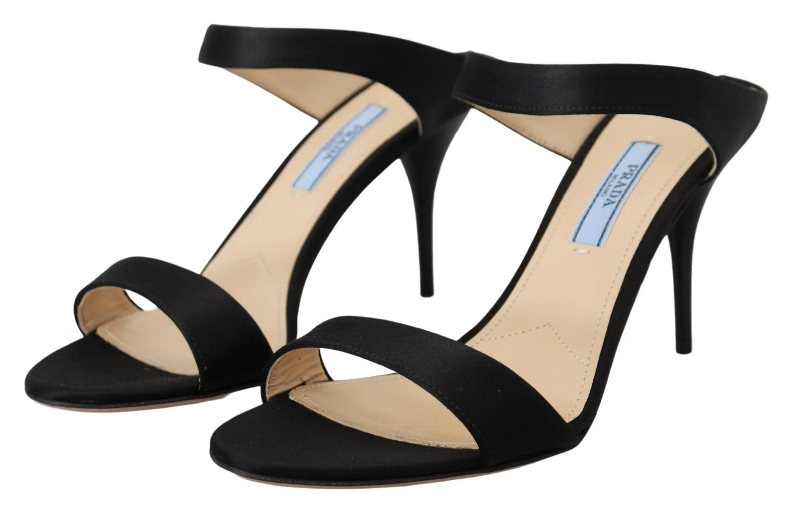 Prada Black Leather Sandals Stiletto Heels Open Toe Shoes