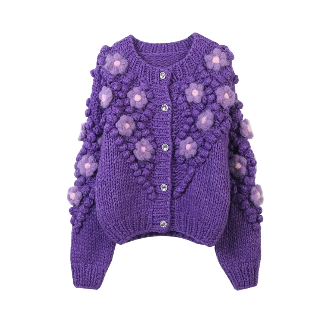 Pre Order:  Hand Embroidered Flower Long Sleeved Knitted Cardigan