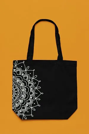 Premium Cotton Canvas Tote Bag- Half Mandala Black