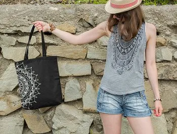 Premium Cotton Canvas Tote Bag- Half Mandala Black