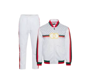 Premium GG Men's White Jogging Set Jackets and Pants Red and Green Strip