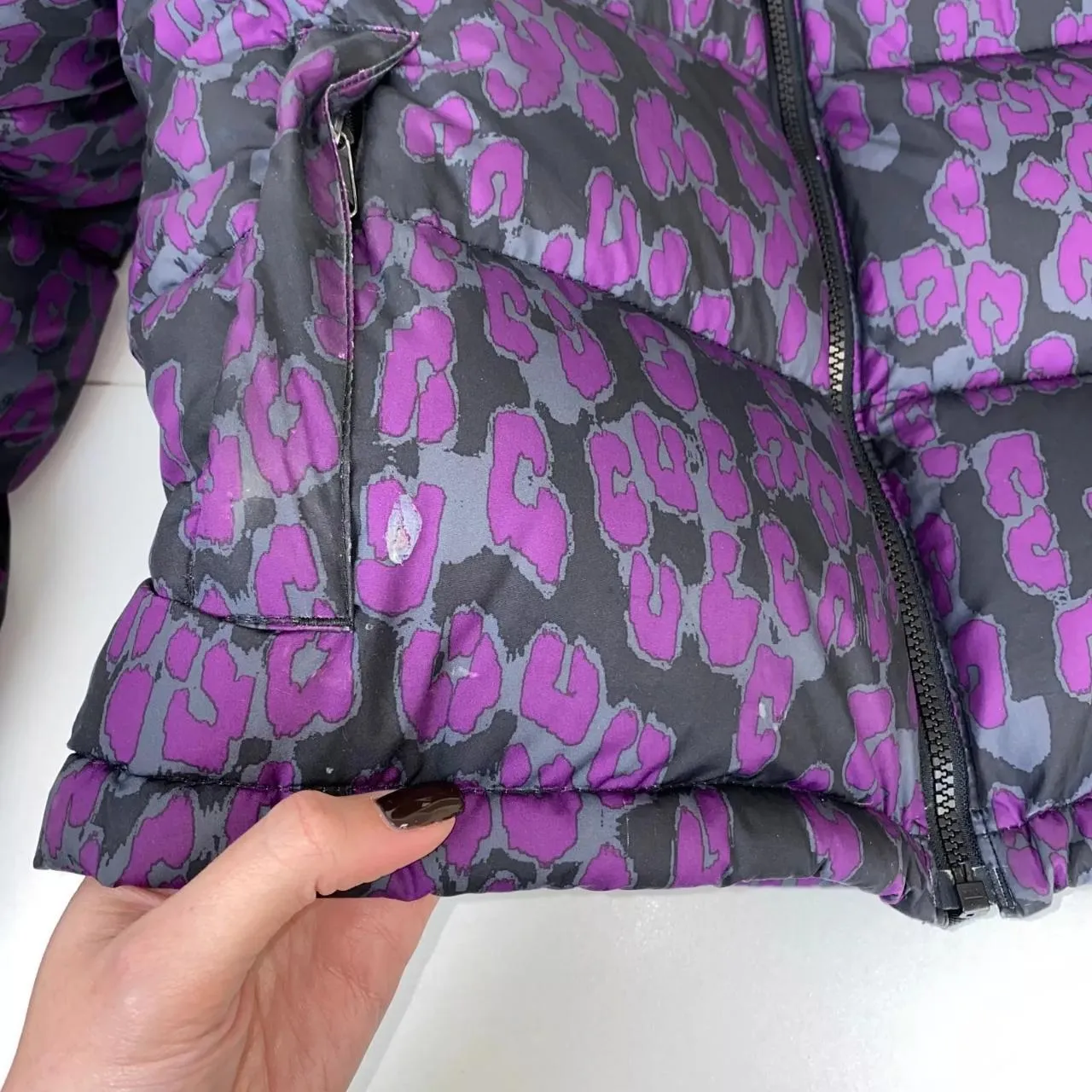 Preowned The North Face Womens 700 Down Nuptse Puffer Jacket Size S Purple Leopard Print