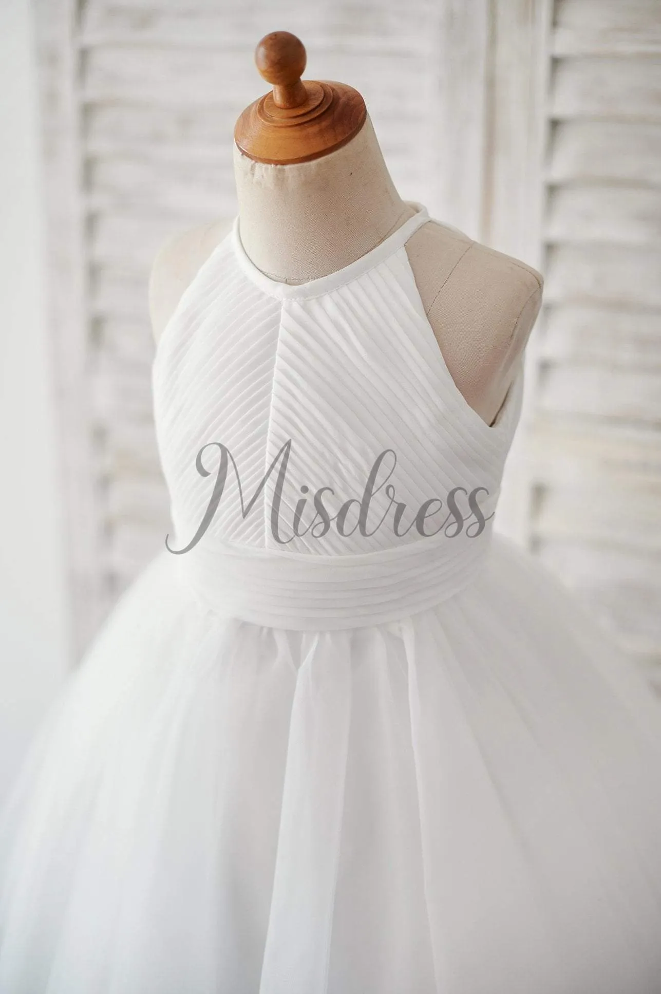 Princess Ivory Chiffon Tulle Halter Neck Keyhole Back Wedding Flower Girl Dress