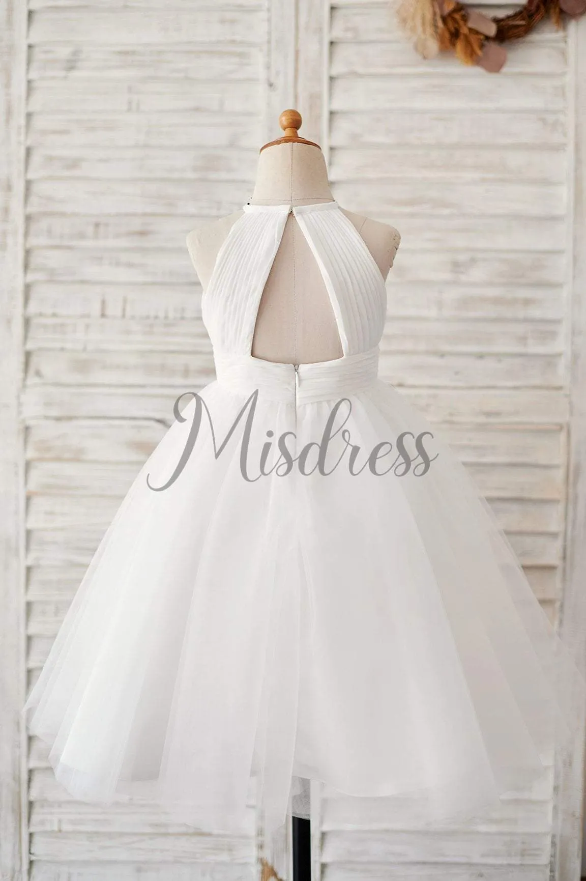 Princess Ivory Chiffon Tulle Halter Neck Keyhole Back Wedding Flower Girl Dress