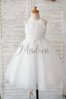 Princess Ivory Chiffon Tulle Halter Neck Keyhole Back Wedding Flower Girl Dress