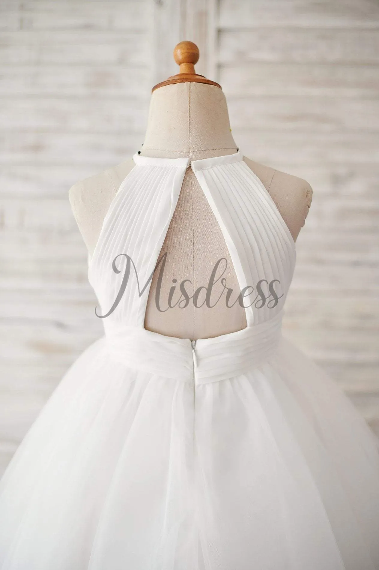 Princess Ivory Chiffon Tulle Halter Neck Keyhole Back Wedding Flower Girl Dress