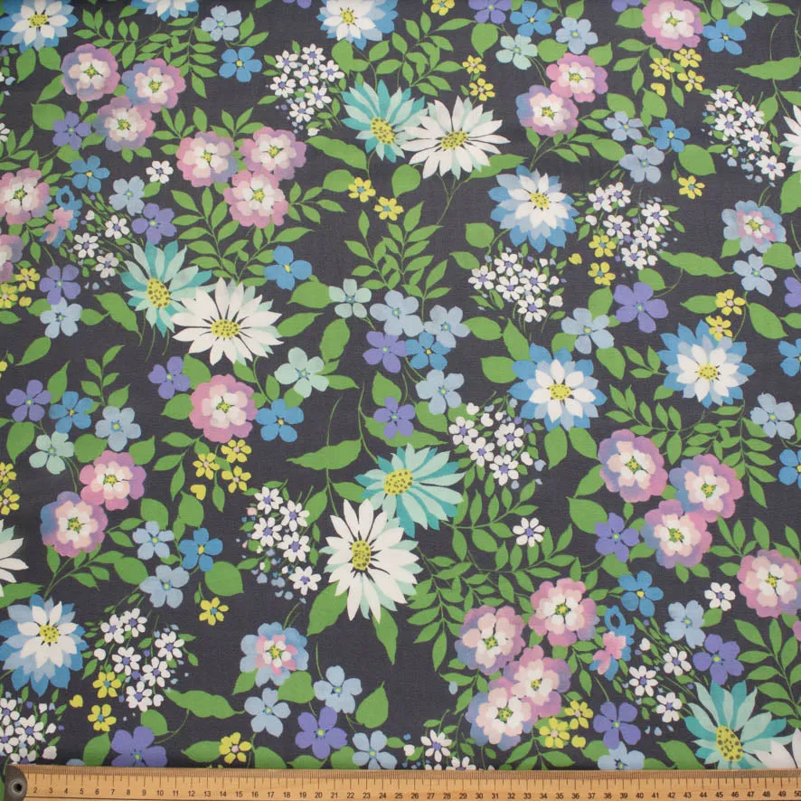 Printed Chiffon Design-244 Purple & Blue Flowers Blossom on Navy