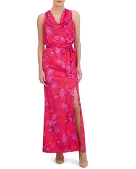 Printed Cowl-Neck Blouson-Bodice Gown