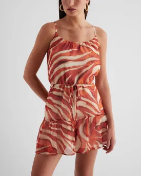 Printed Scoop Neck Tie Waist Romper in Orange Print