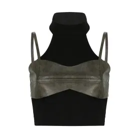 PU Leather Patchwork Sexy Crop Top Black Turtleneck Backless Tank Tops 2024 Summer Trends Techwear Camisole P67-DZ22