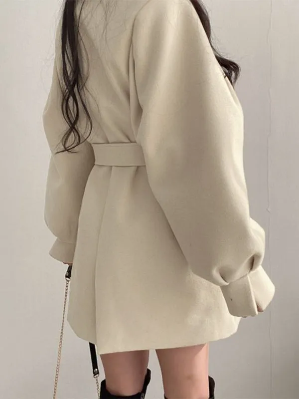 Puff Sleeve Belted Woolen Coat