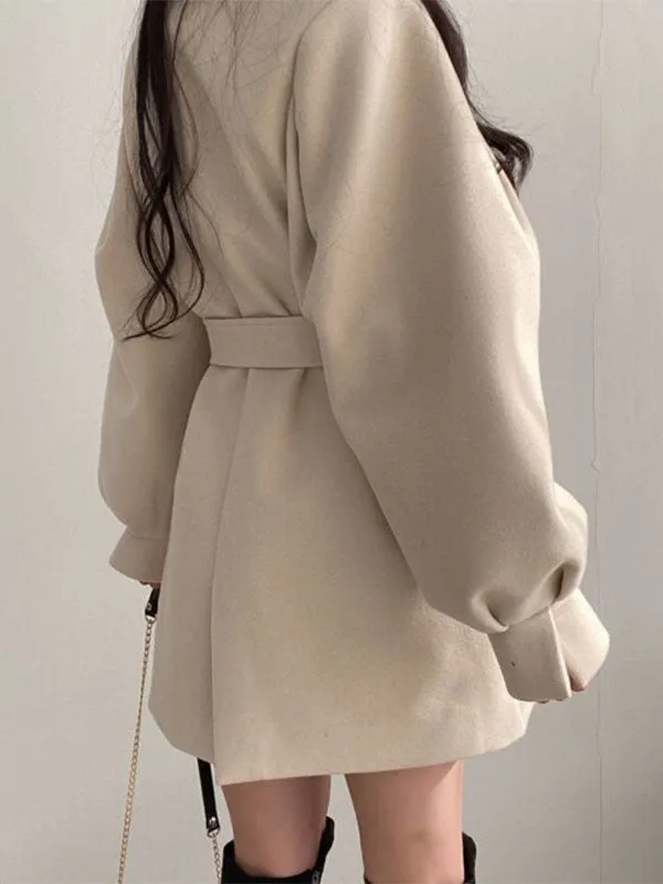 Puff Sleeve Belted Woolen Coat