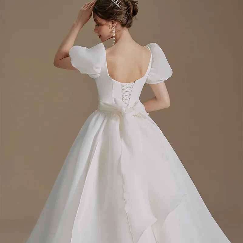 Puff Sleeve Wedding Dress Bow Boho