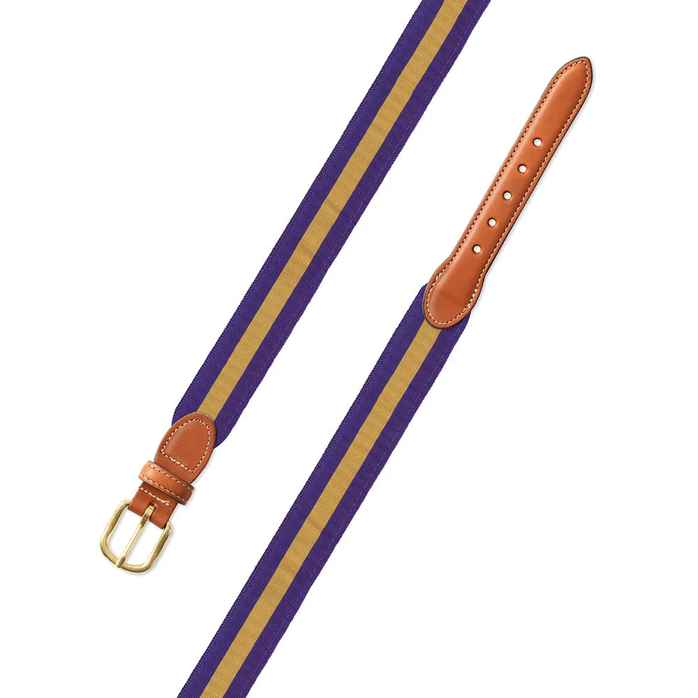 Purple & Gold Grosgrain Ribbon Leather Tab Belt